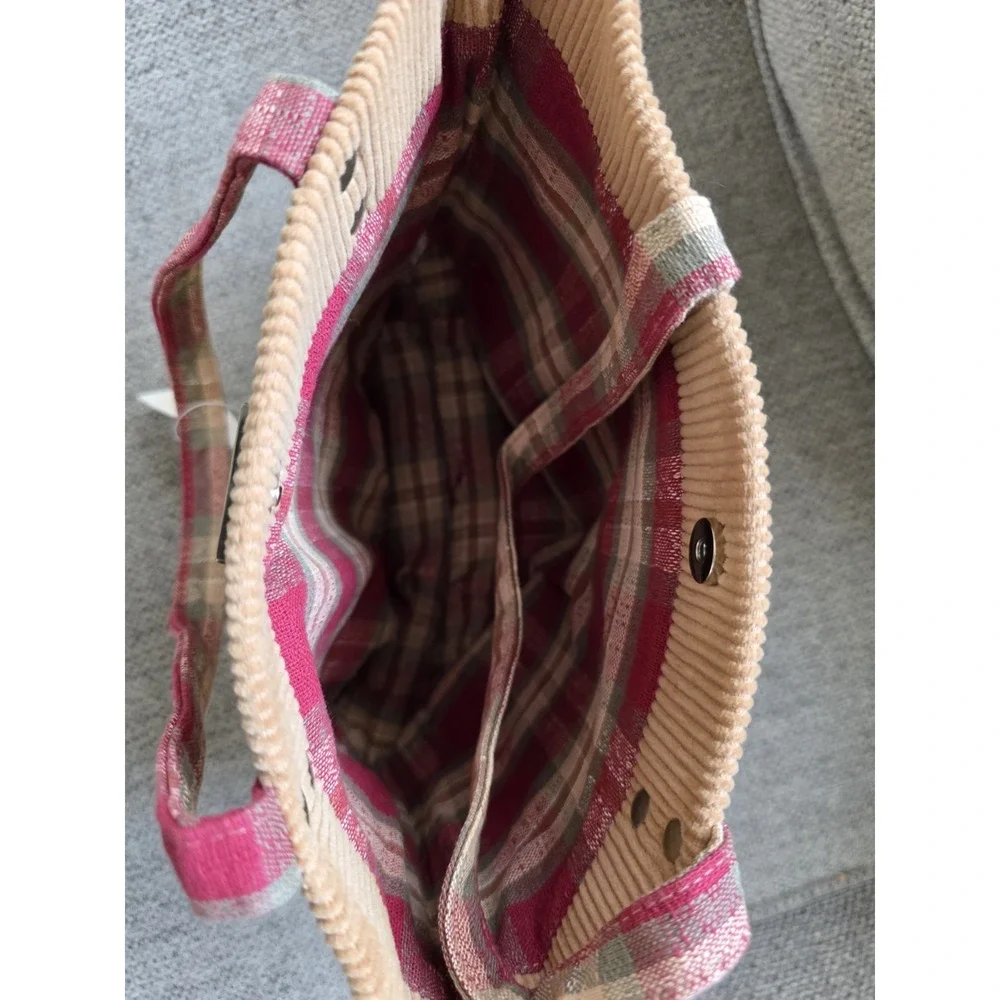 Longaberger Homestead Tan Corduroy‎ Red Plaid Handle Handbag Purse